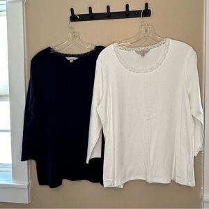 Lot of 2 Laura Ashley Lace Trim 3/4 Sleeve Tops White & Navy Size XL
